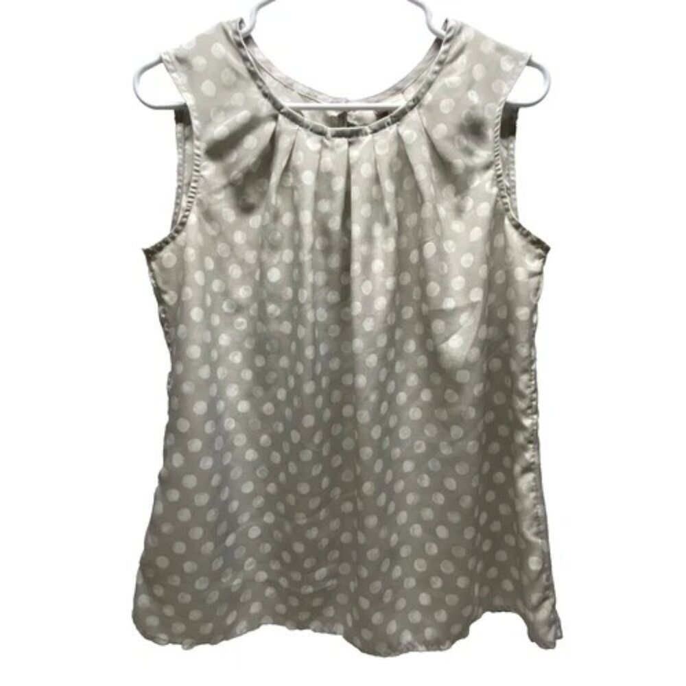 Merona Career Tank Blouse Women's Large‎ Grey White Polka Dot Sleeveless Top EUC